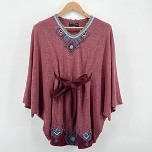 Sacred Threads Poncho Tunic Boho Embroidered Tribal Belted Burgundy Size Small‎